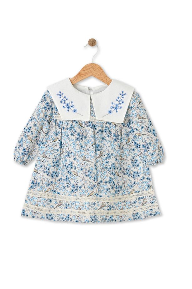 Bloomy Spring Desenli Uzun Kollu Motif İşlemeli Mavi Elbise - 3