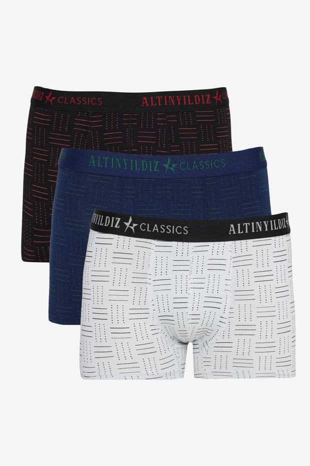Men's Premium Cotton Black-Navy-Grey Standard Fit Patterned Flexible 3 Pack Boxers