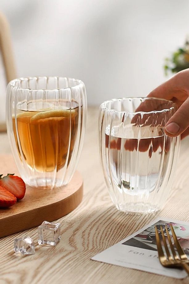4 Adet Çizgili Santa 350 ml Çift Cidarlı Isıya Dayanıklı Cam Kahve  Bardağı - 2