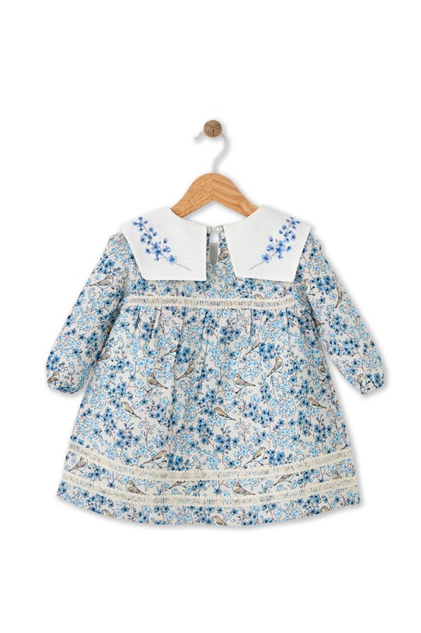 Bloomy Spring Desenli Uzun Kollu Motif İşlemeli Mavi Elbise - 5