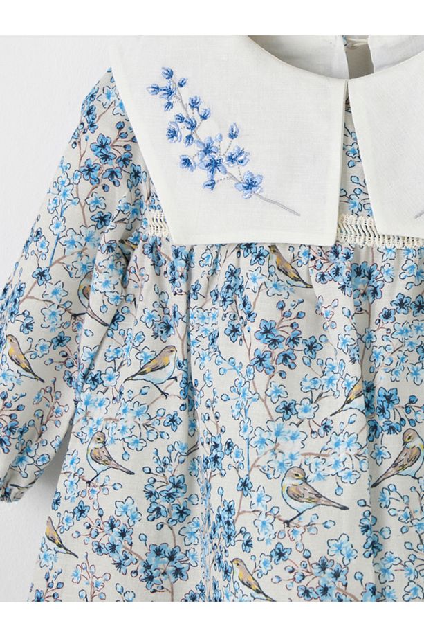 Bloomy Spring Desenli Uzun Kollu Motif İşlemeli Mavi Elbise - 4