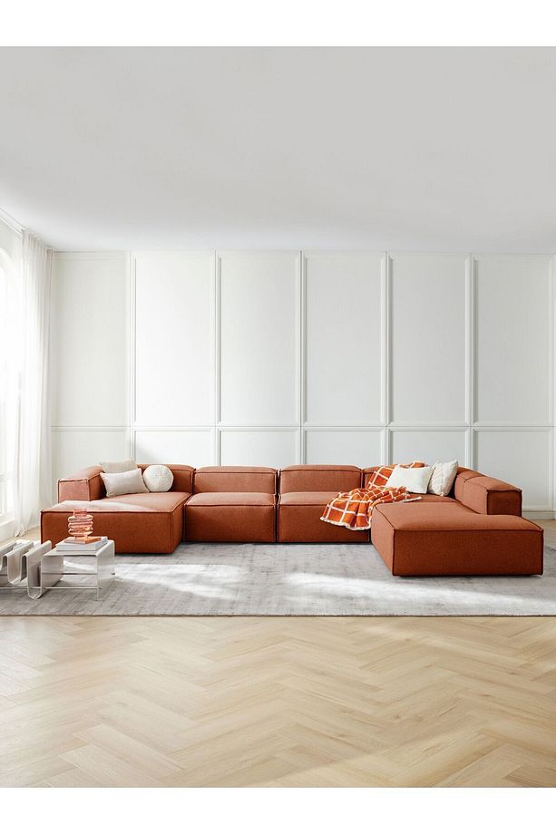 5 Modül Pofidik Modüler Kanepe Xl Köşe Koltuk Takımı Sağ Köşe, Keten Kiremit 370 Cm - 1