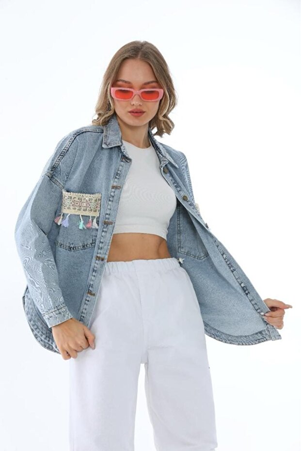 Women's Blue Pocketed Tasseled Colorful Ethnic Seasonal Buttoned Long Denim Jacket A36-083