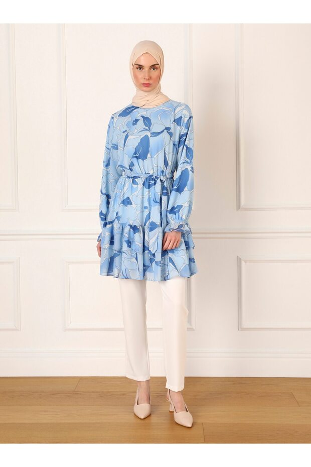 Blue Leaf Patterned Chiffon Tunic - Refka - 1