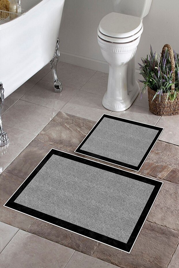 Non-Slip Base Washable Set of 2 Black Bath Mat Bathroom Mat Set Toilet Seat Set