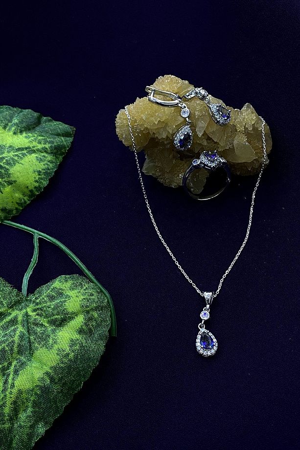 Damla Model Safir Ve Zirkon Taşlı Gümüş Üçlü Set - 1