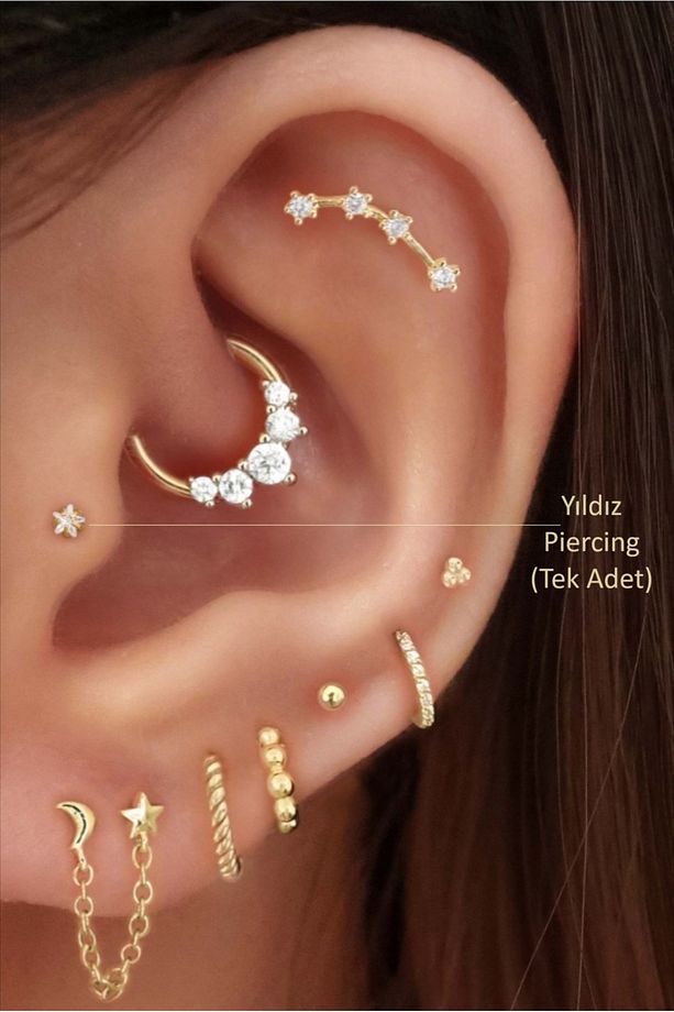 6 mm Bar Boylu 3 mm Taşlı Yıldız Taşlı Çelik Tragus Piercing Helix Kıkırdak Conch - 1