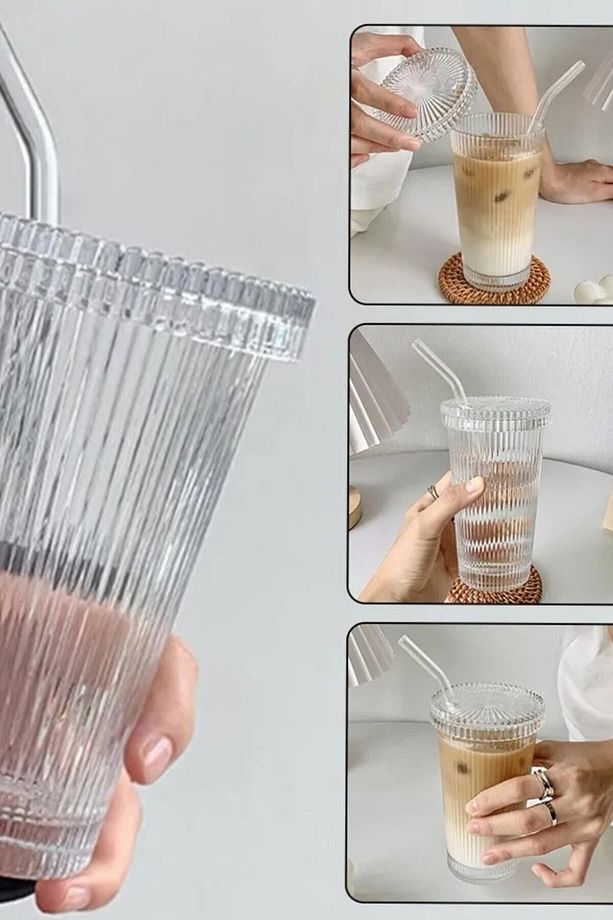 2 Adet Kapaklı Pipetli 400ml Stil Cam Bardak - 3