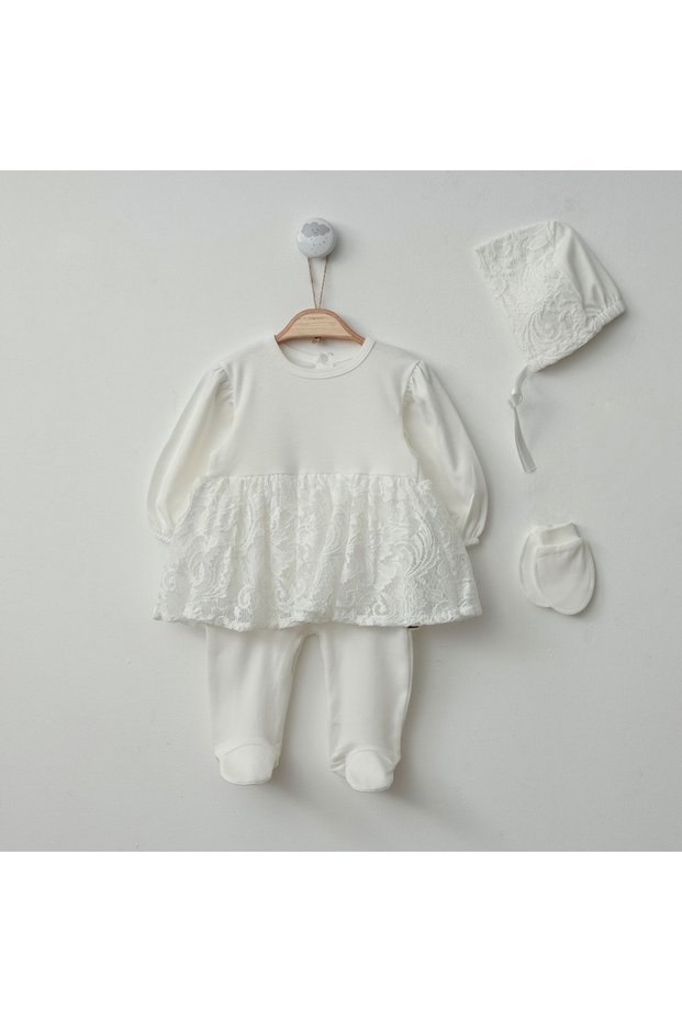 Newborn Baby Girl Mevlüt Set Cotton Special Day Outfit Baby Birth Gift Hospital Exit Ecru