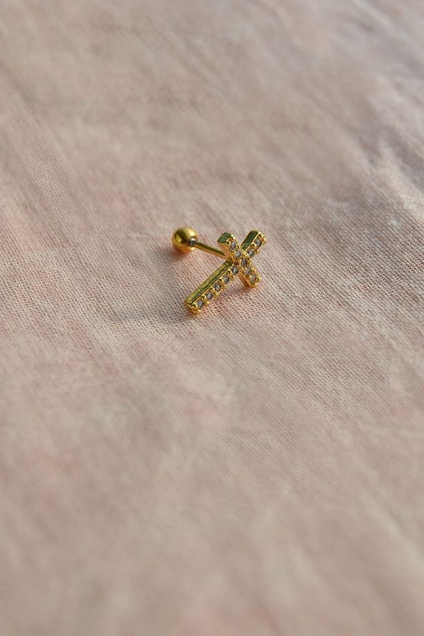 Zirkon Taşlı Haç Piercing Tragus Helix Altın Rengi - 4