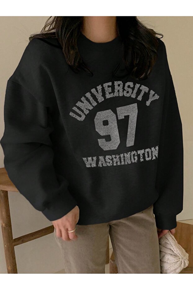 Women's Black University97 Printed Round Neck Oversize Sweatshirt