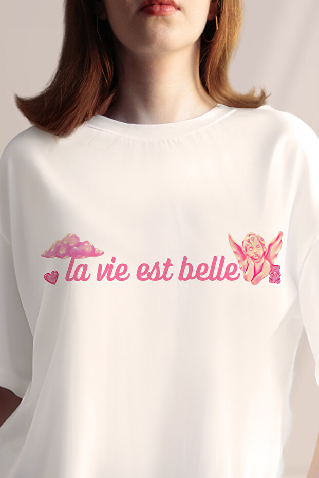 Women's Printed La Vie Est Belle Slogan Printed Oversize T-Shirt