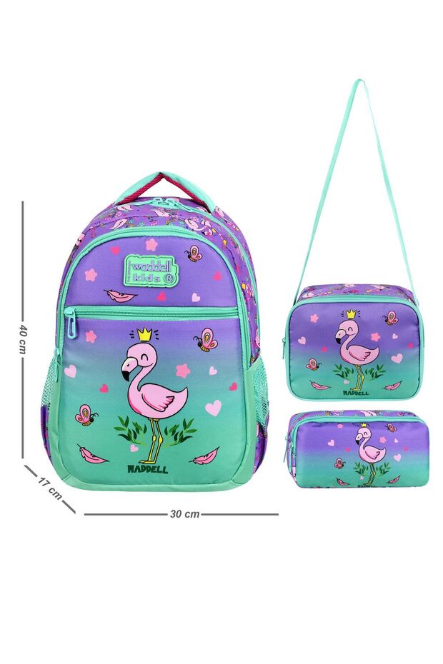Waddell Lisanslı Su Yeşili Flamingo Desenli Kız Çocuk Ilkokul Sırt Çantası , Beslenme Çantası Ve Kalemlik