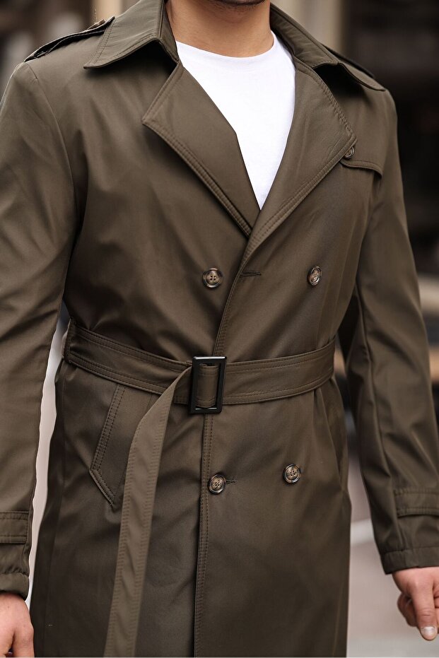 Men's Khaki Belted Water and Windproof Trench Coat Top Coat