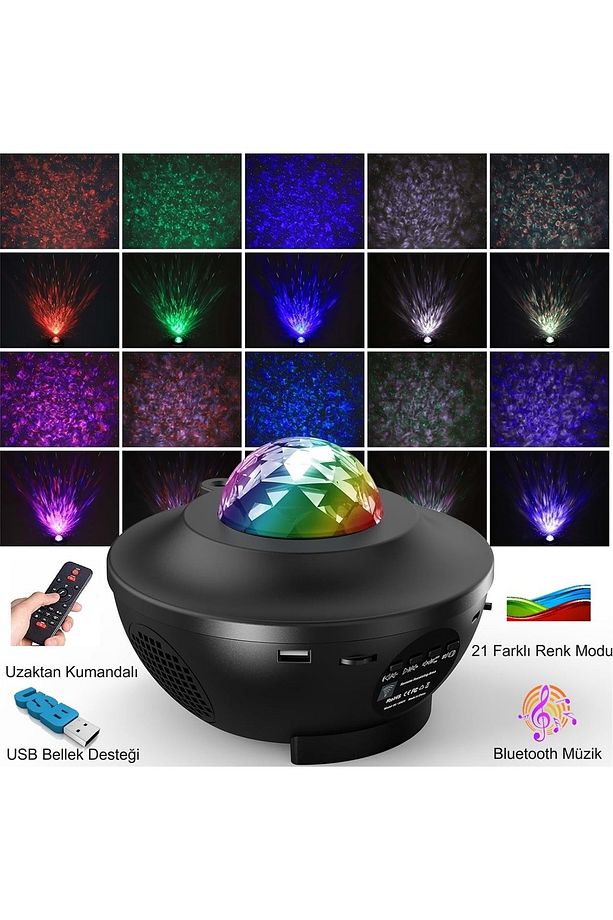 Led Yıldız Bluetooth Hoparlör Usb Projektör Okyanus Dalgası 21 Modlu Gece Lambası - 3