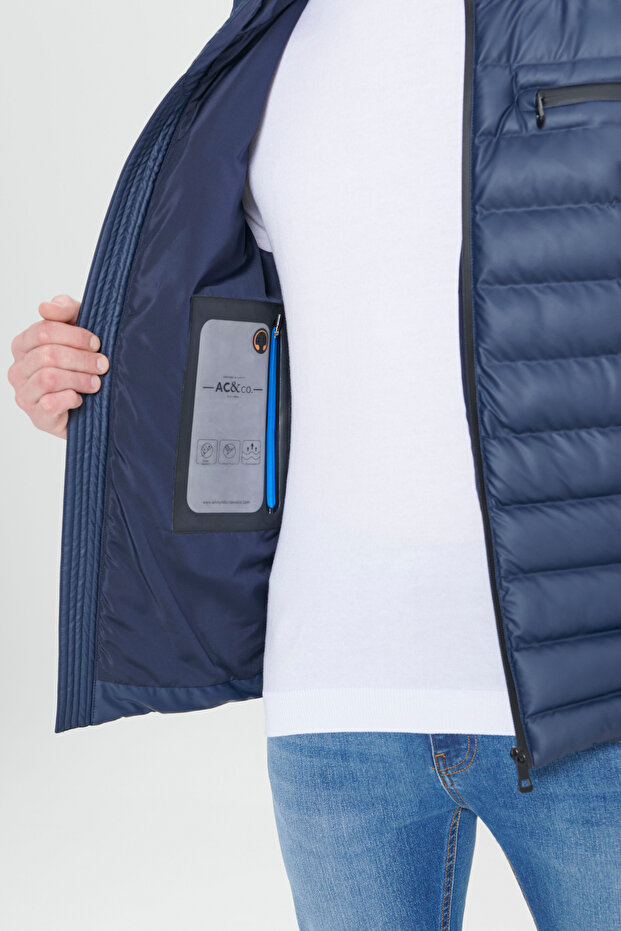 Erkek Lacivert Sıcak Tutan Termometreli Standart Fit Normal Kesim Cepli Dik Yaka Mont - 4