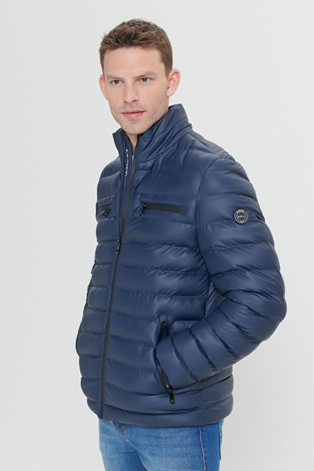 Erkek Lacivert Sıcak Tutan Termometreli Standart Fit Normal Kesim Cepli Dik Yaka Mont - 7