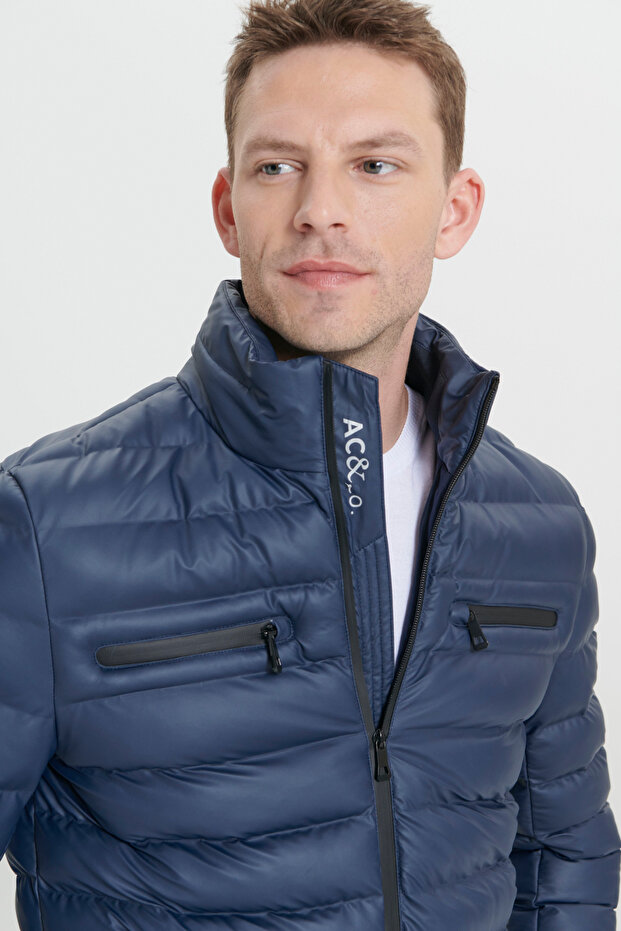 Erkek Lacivert Sıcak Tutan Termometreli Standart Fit Normal Kesim Cepli Dik Yaka Mont - 6