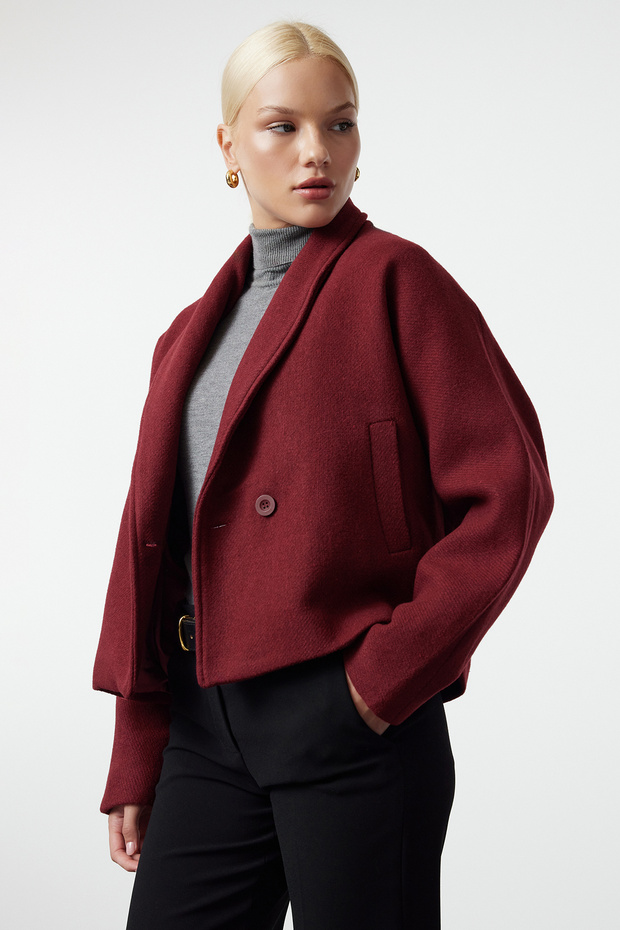 Bordo Oversize Yünlü Kısa Ceket Kaban TWOAW25KB00047 - 1