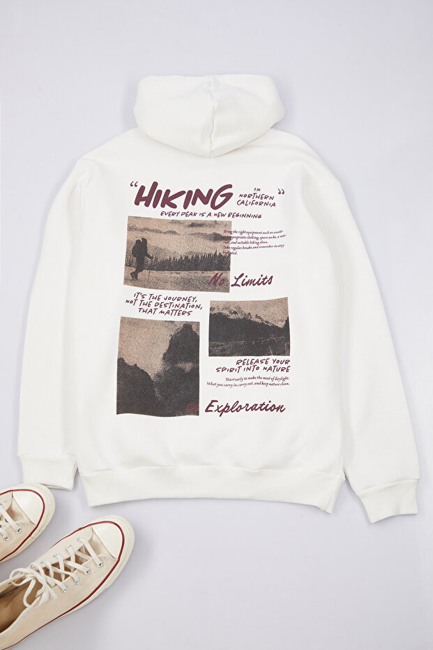 Ekru Oversize/Geniş Kesim Kapüşonlu Sırt Baskılı İçi Polar/Sıcak Tutan Sweatshirt TMNAW25SW00077 - 6