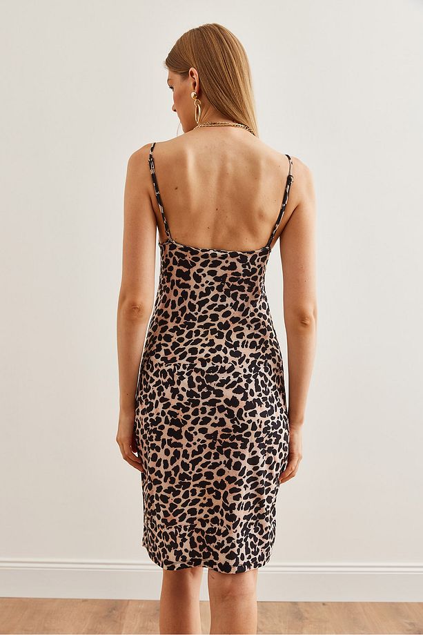 Kadın Leopar Bej Askısı Ayarlanabilir Esnek Örme Mini Elbise ELB-19002247 - 6