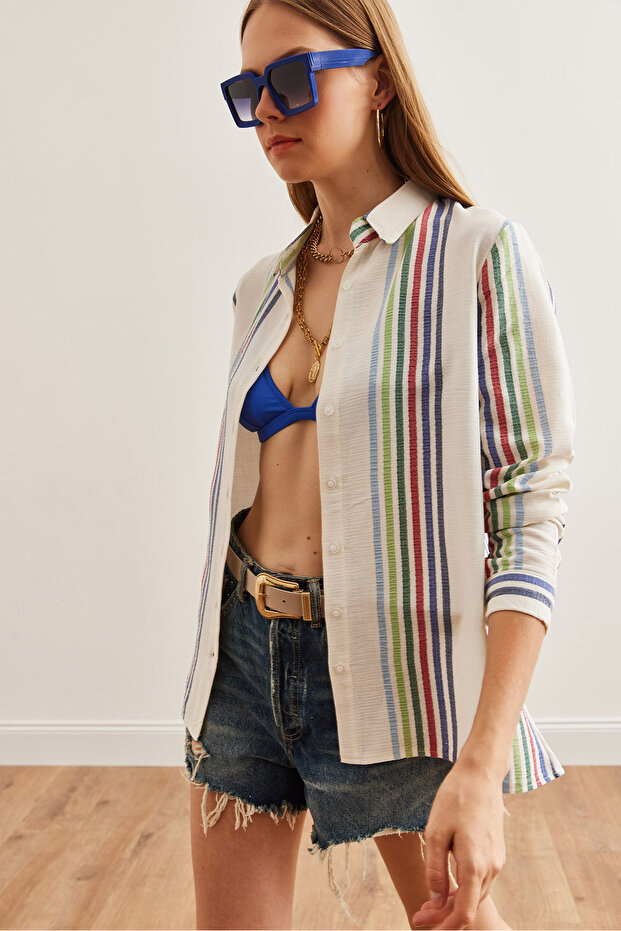 Women's White Colorful Striped Detailed Muslin Shirt Gml-19001236