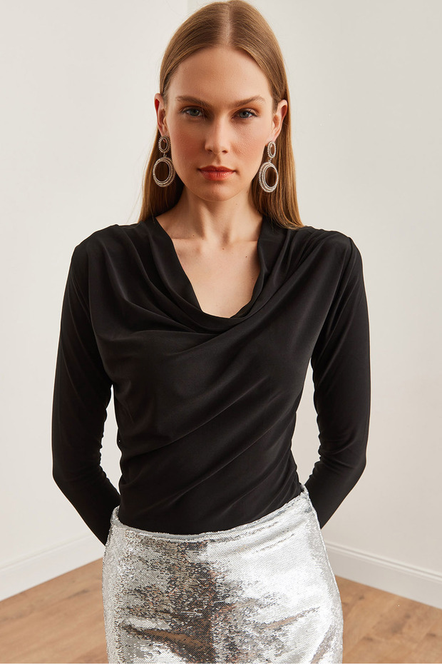 Women's Black Degaje Collar Draped Blouse Blz-19002713