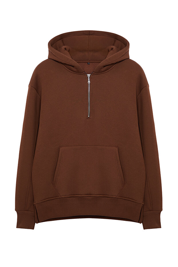 Kahverengi Oversize/Geniş Kesim Fermuarlı Kapüşonlu İçi Polarlı Basic Sweatshirt TMNAW25SW00050 - 6