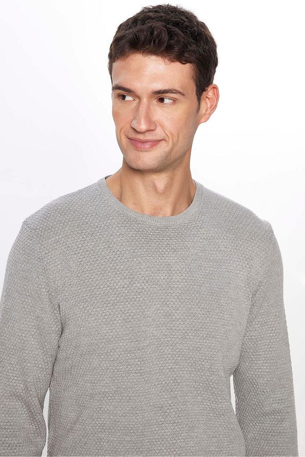 Erkek Slim Fit Dar Kesim Bisiklet Yaka Petek Desenli Gri Triko Kazak - 3