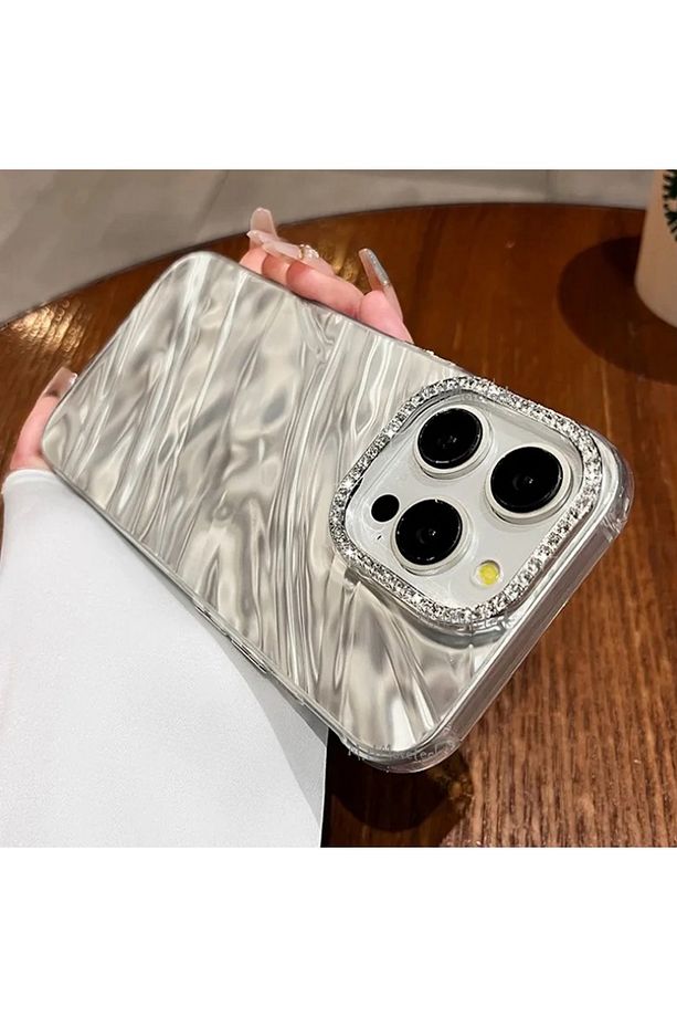 İphone 14 Pro Max Kılıf Kristal Elmas Taşlı Dalgalı Parlak Simli Silikon Lens Çercevesi Parıltılı - 2
