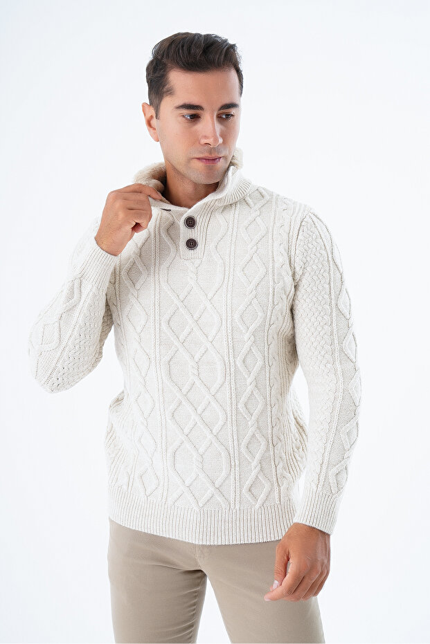 Beige Men's Fur Collared Short Placketed Buttoned Braided Hair Knitted Sweater Trist-5345