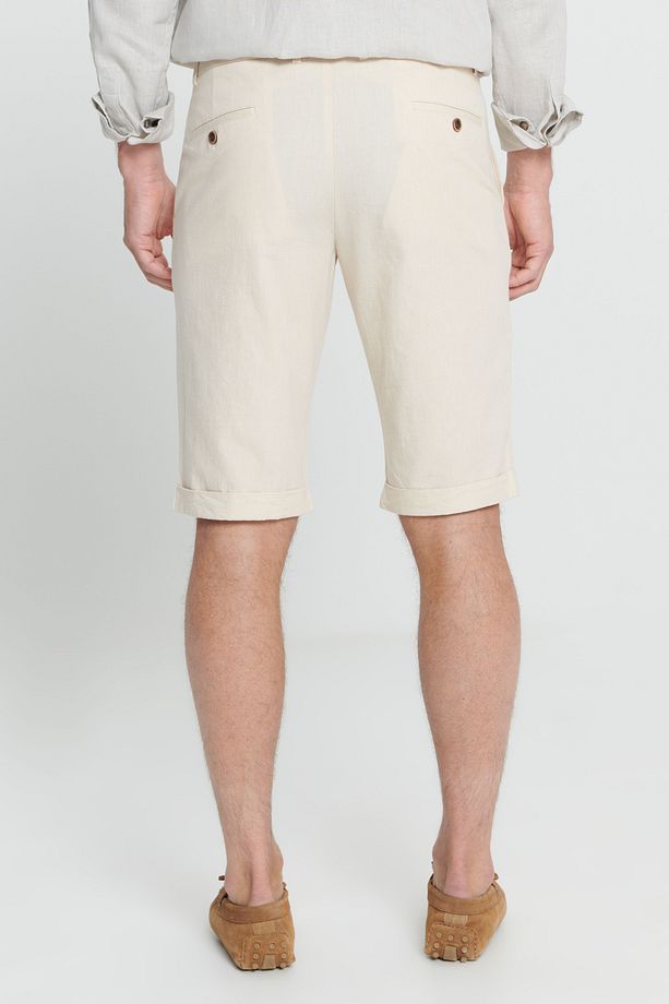 Erkek Ekru Slim Fit Dar Kesim %100 Pamuk Yan Cep Şort - 5