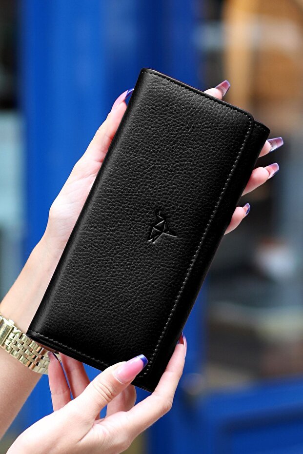 Women's Black Angel Genuine Leather Wallet with Cell Phone Compartment