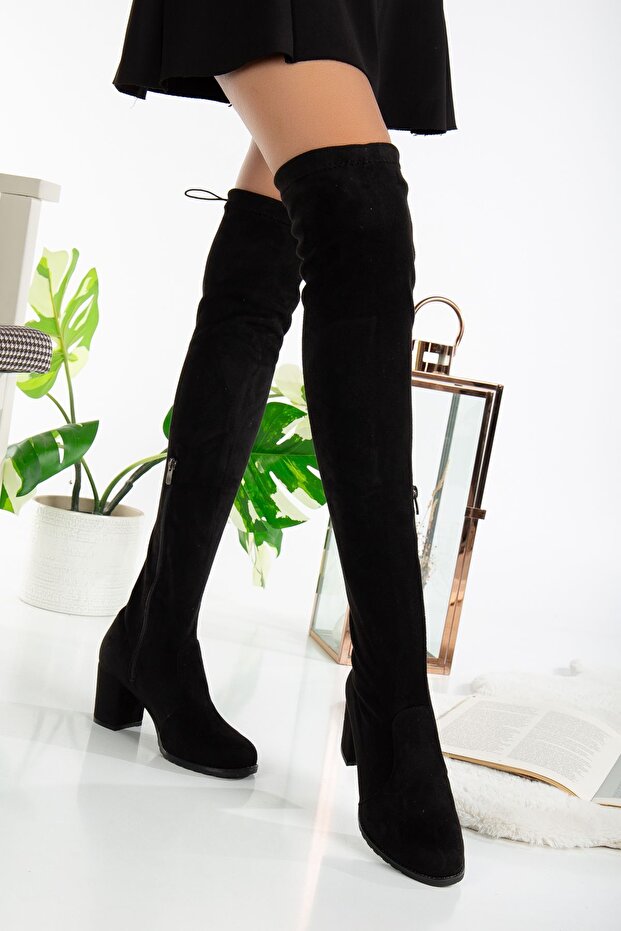 Fekete sarkú sztreccs zokni, térd feletti női csizma - 4