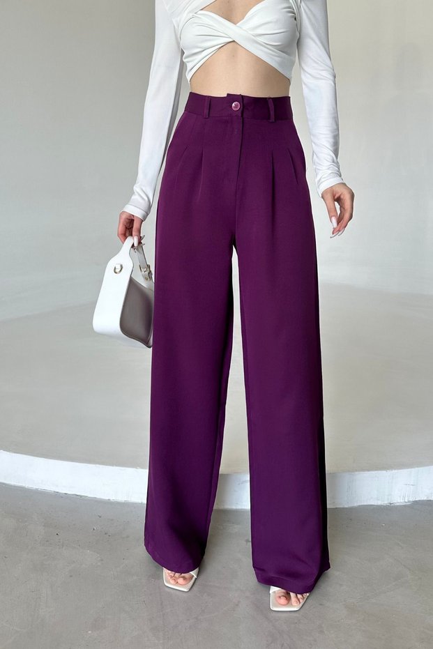 Purple High Waist Pleated Women's Palazzo Trousers - Wide Leg