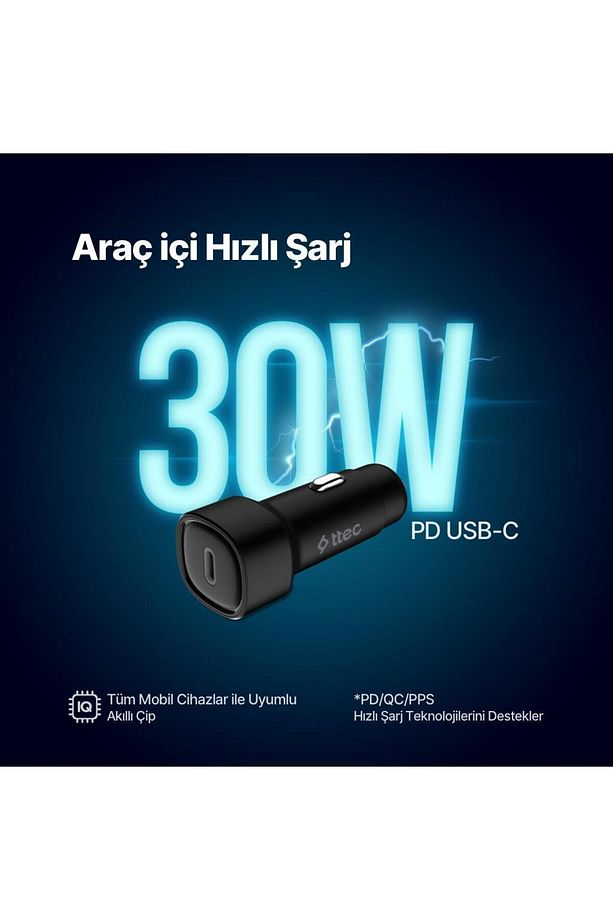 Süper Hızlı 30W 1x Type-C Araç Şarj Cihazı, 12/24V Çakmaklık Girişli Akım Korumalı, PD/QC/PPS - 2