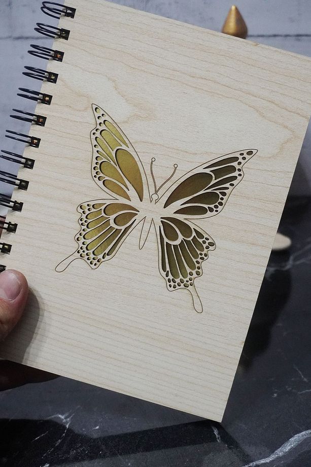 Kelebek Desenli Ahşap Defter-ajanda-günlük-çizgisiz Defter A5 Notebook Hediyelik - 2
