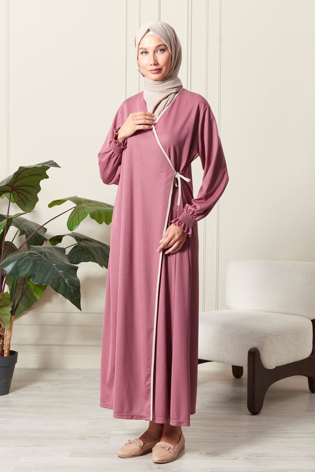 Women's Sleeve Detail Double Breasted Neckline Ribbed Side Tie Prayer Dress