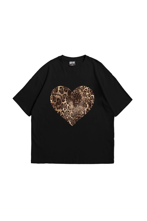 Heart Leopard Printed 24/1 Oversize Unisex Black Tshirt
