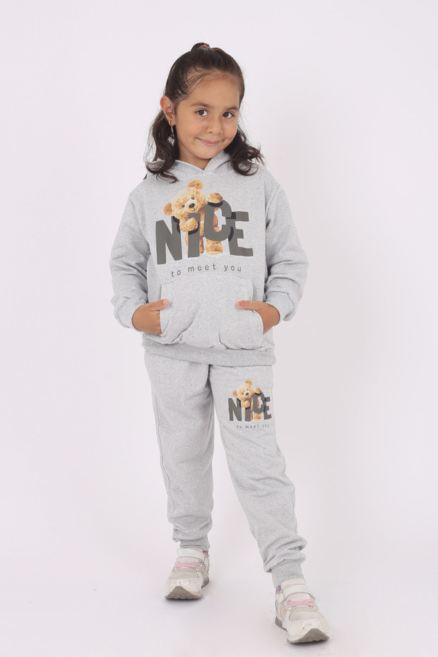 Cute teddy bear print & hooded girls' tracksuit set