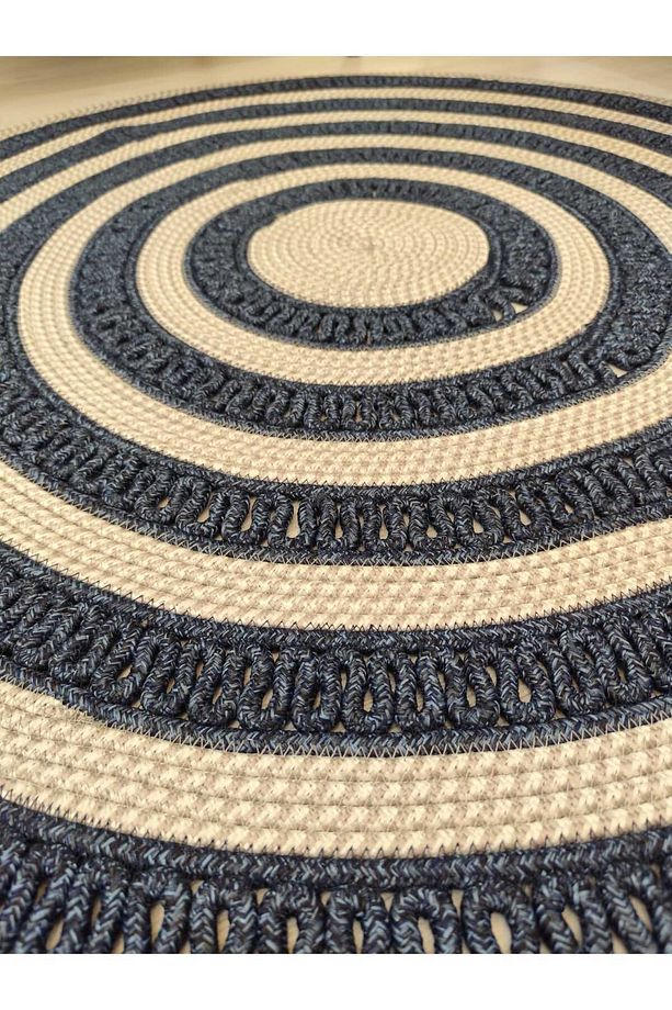 jüt Hasır görünümlü Desenli Modern El Örgüsü Daire Halı Kilim - 4
