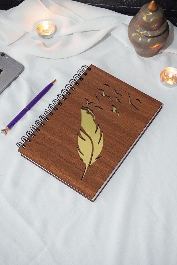 A5 Spiraled Feather Patterned Wooden Notebook - Picture Notebook - Unlined Gift Notebook - 1