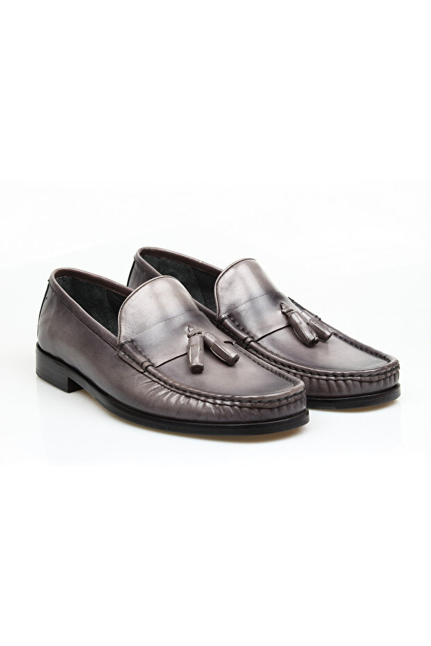 Gray Color Laceless Genuine Leather Men's Shoes