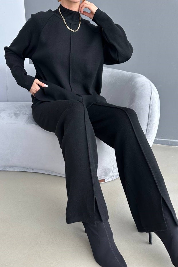 Women's Stand Collar Knitwear Fabric Long Sleeve Black Sweater And High Waist Black Pants Set 1070