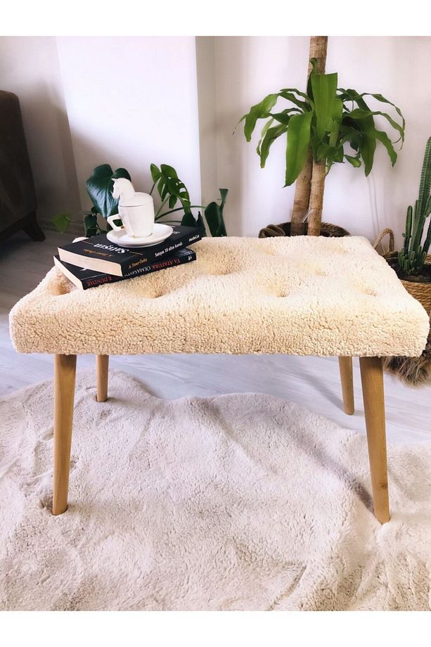 Gürgen Retro Ahşap Ayaklı Handmade Krem Pofidik Puf Bench Koltuk Sandalye - 3