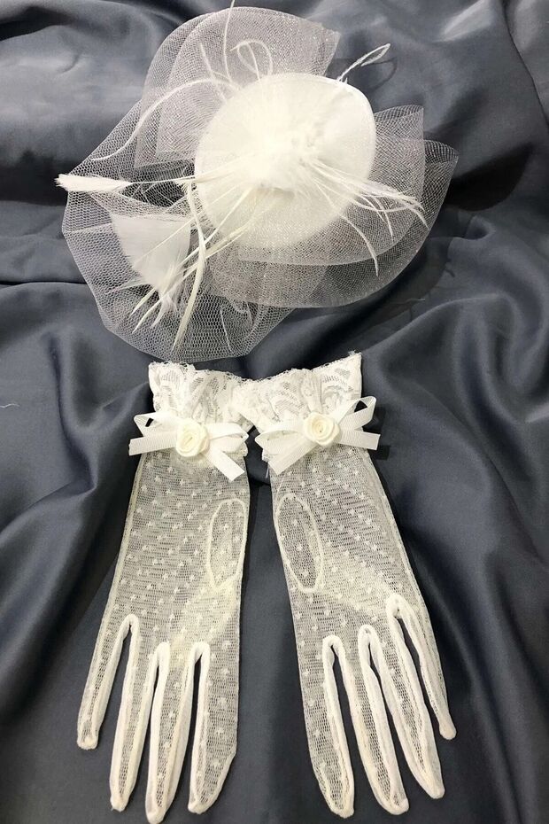 Plain White Bridal Cap and Rose Detailed Bridal Costume Gloves