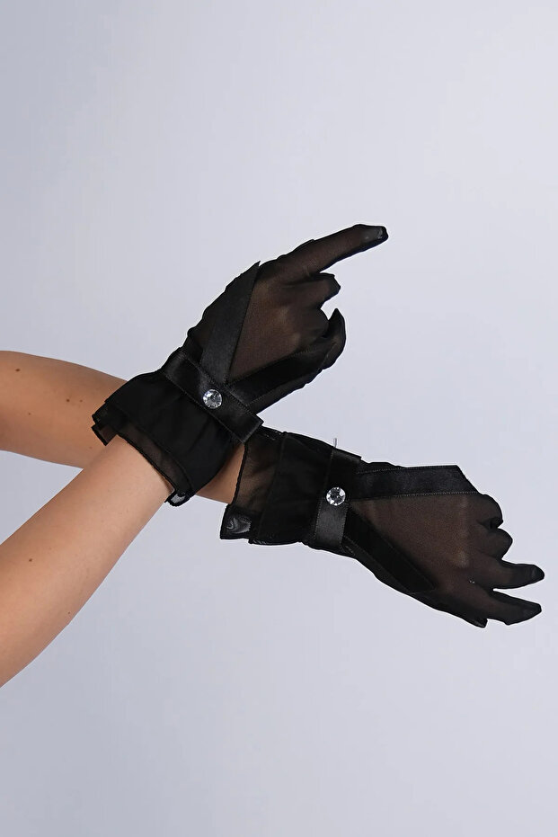 Black Ankle Neck Long Ribbon Detailed Bridal Gloves Party Accessory