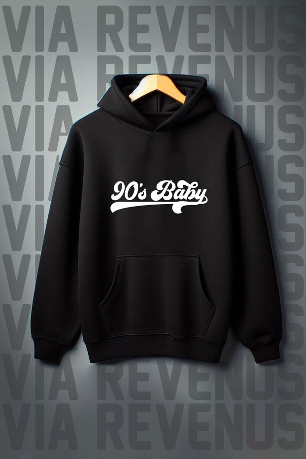 90's Baby Printed Kangaroo Pocket 3 Threaded Yarn Embroidered Oversize Wide Fit Hooded Sweatshirt