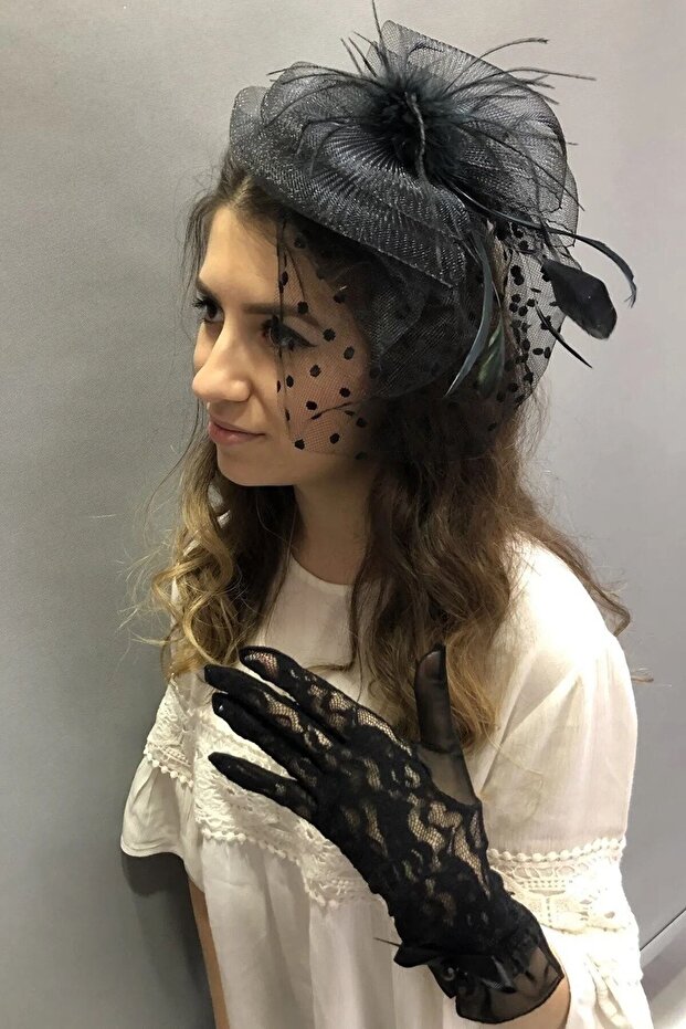 Black Polka Dot Bridal Veil and Bridal Gloves Set