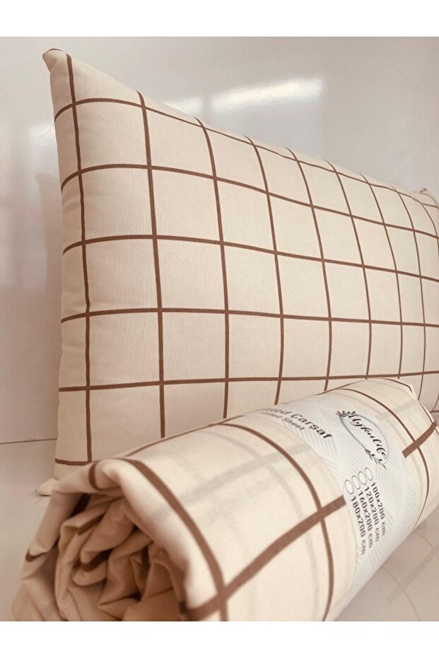 Uykulife Milk Coffee Plaid Single Fitted Sheet Set